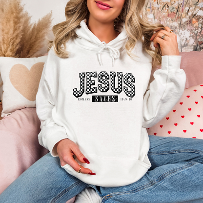 Jesus Saves Checkered Christian Adult Graphic Hoodie