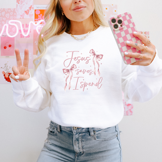 Jesus Saves I Spend Christian Adult Graphic Crewneck Pullover