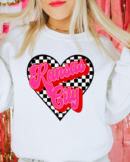 Kansas City Checkered Heart Adult Graphic Crewneck Pullover