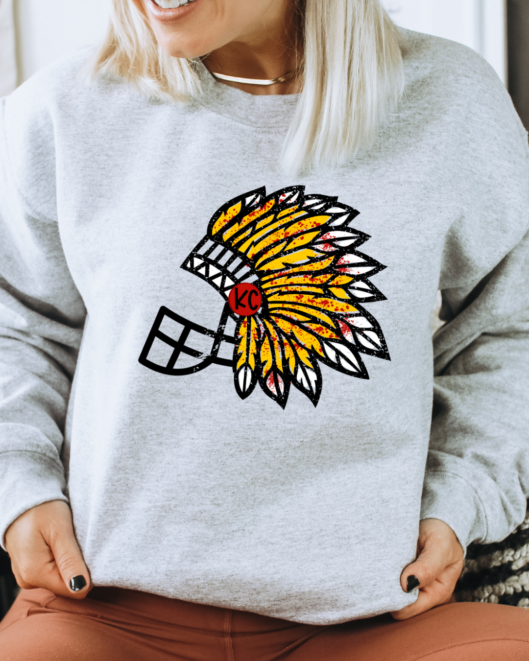 Kansas City Chiefs Headdress Helmet Adult Graphic Crewneck Pullover