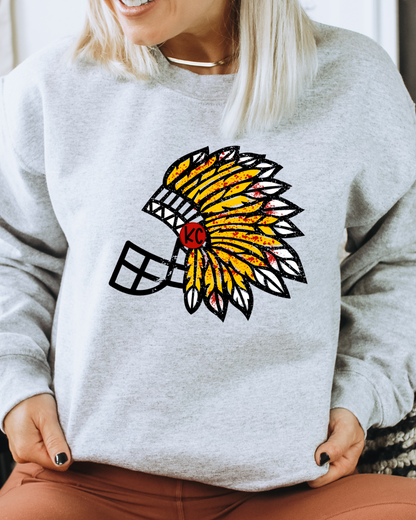 Kansas City Chiefs Headdress Helmet Adult Graphic Crewneck Pullover