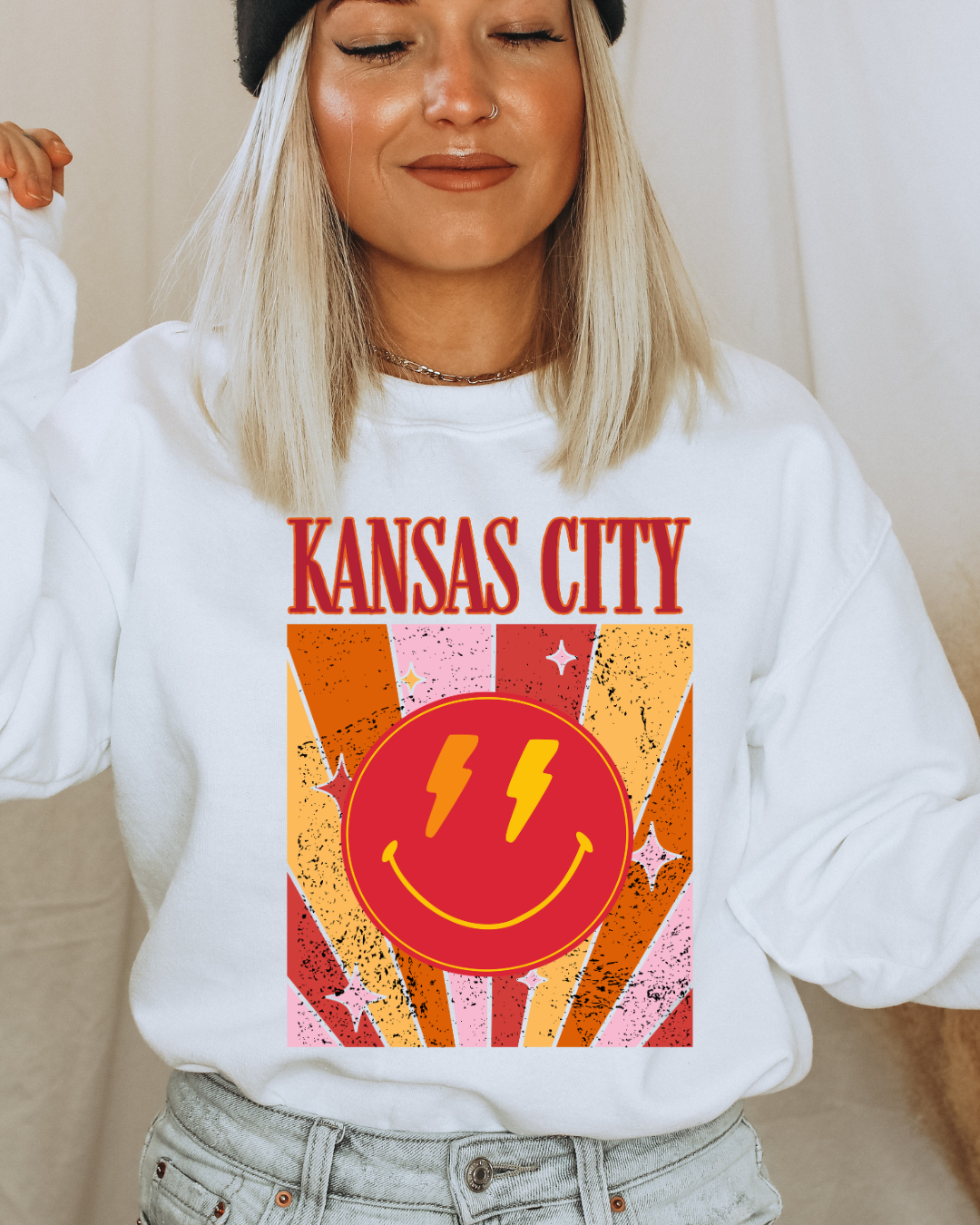 Kansas City Smiley Chiefs Adult Graphic Crewneck Pullover