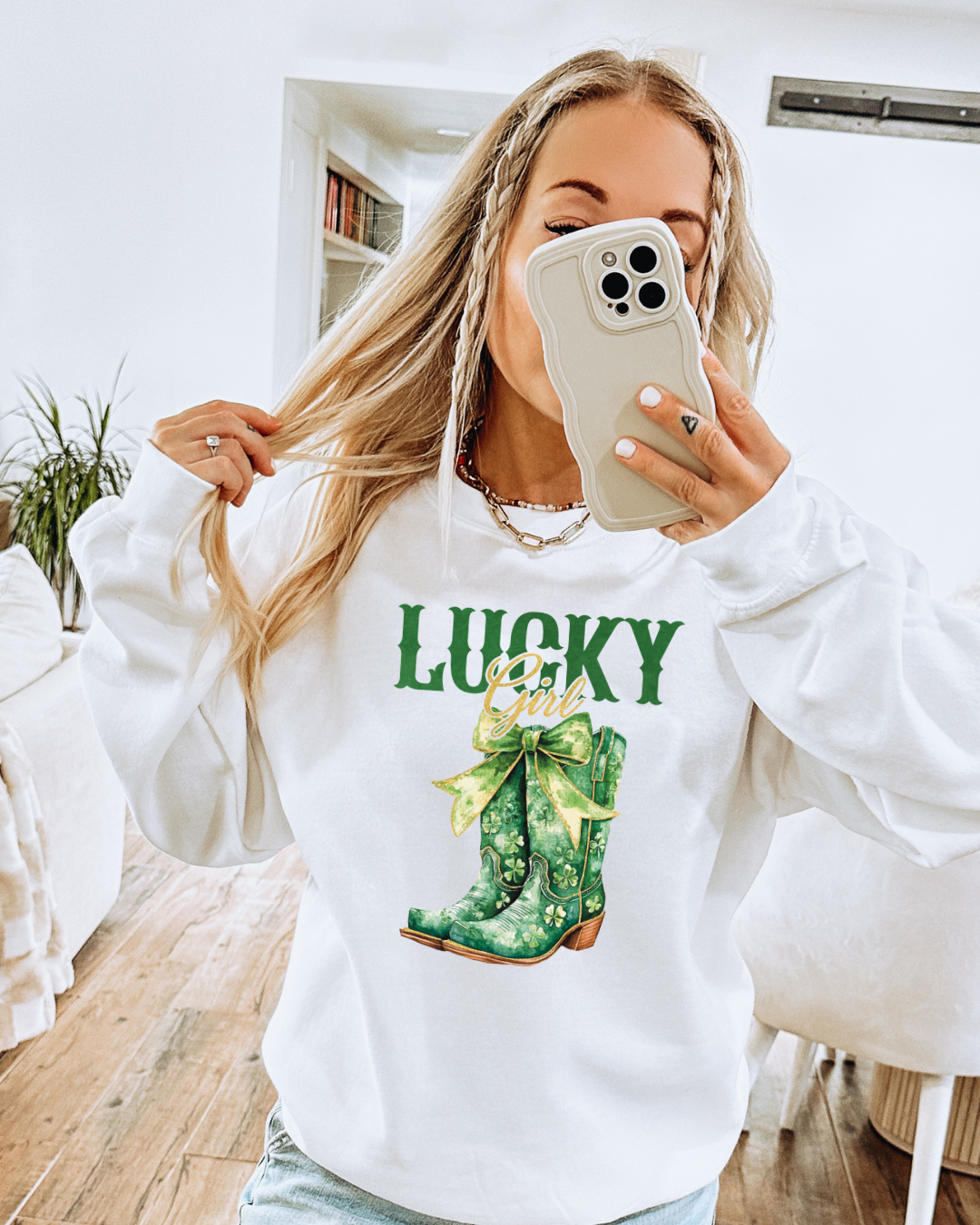 Lucky Girl Boots Adult Graphic Crewneck Pullover