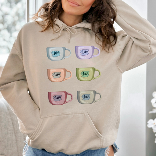 Luke's Colorful Coffee Cups Gilmore Girls Adult Graphic Hoodie