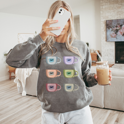 Luke's Colorful Coffee Cups Gilmore Girls Adult Graphic Crewneck Pullover