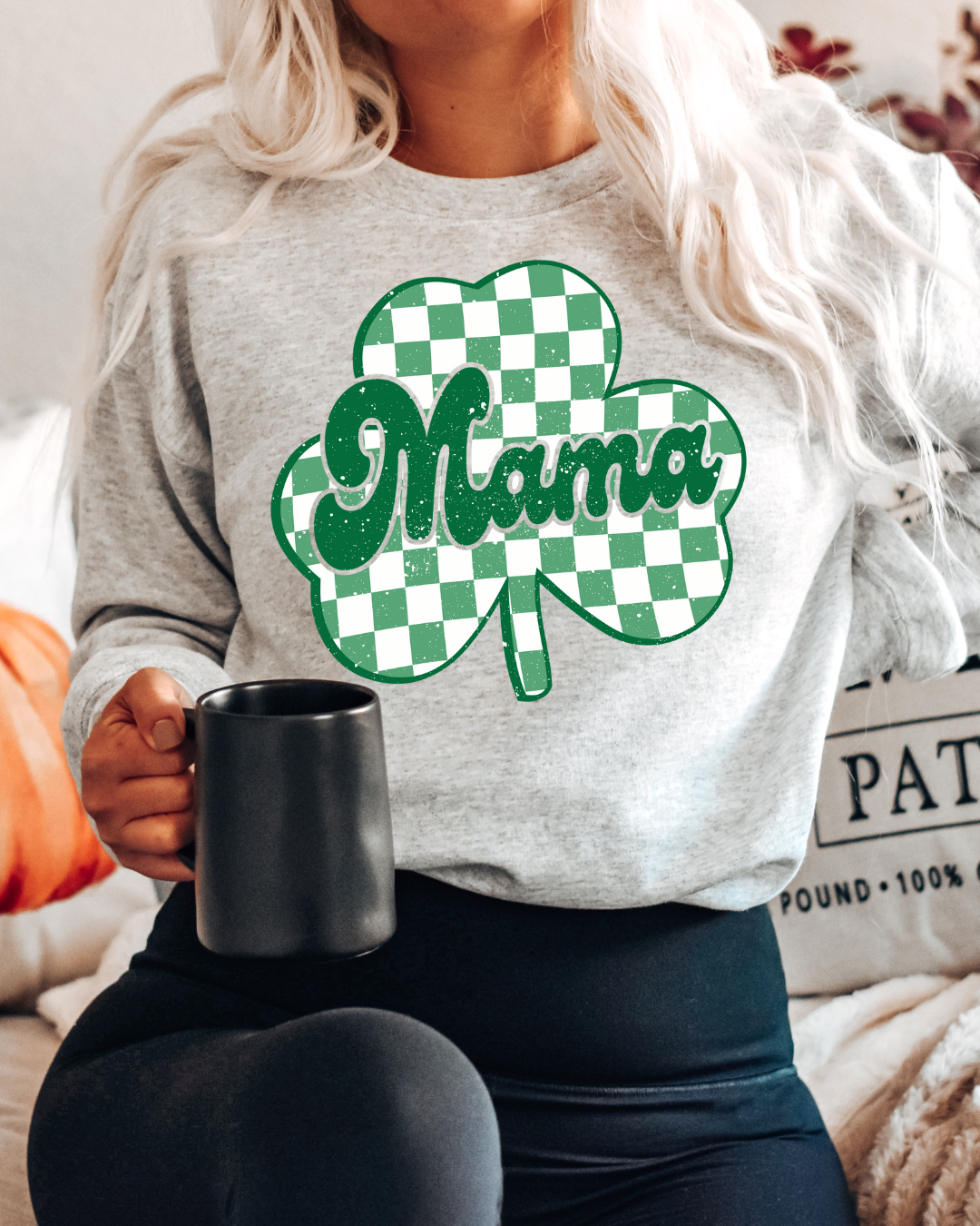 Mama Shamrock Distressed Lucky Adult Crewneck Pullover