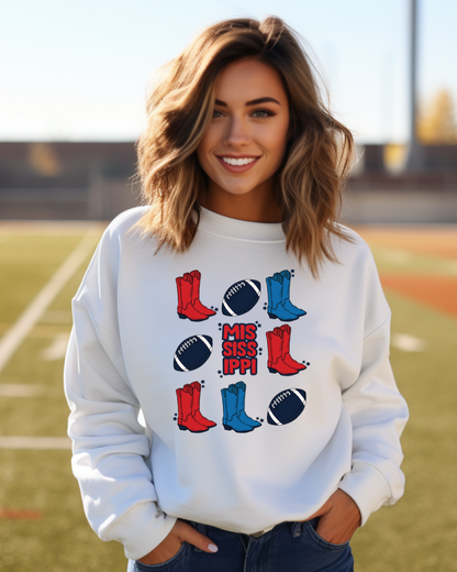 Mississippi Cowboy Boots and Football Adult Crewneck Pullover