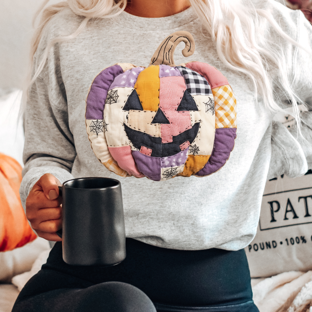 Patchwork Fall Pumpkin Adult Graphic Crewneck Pullover