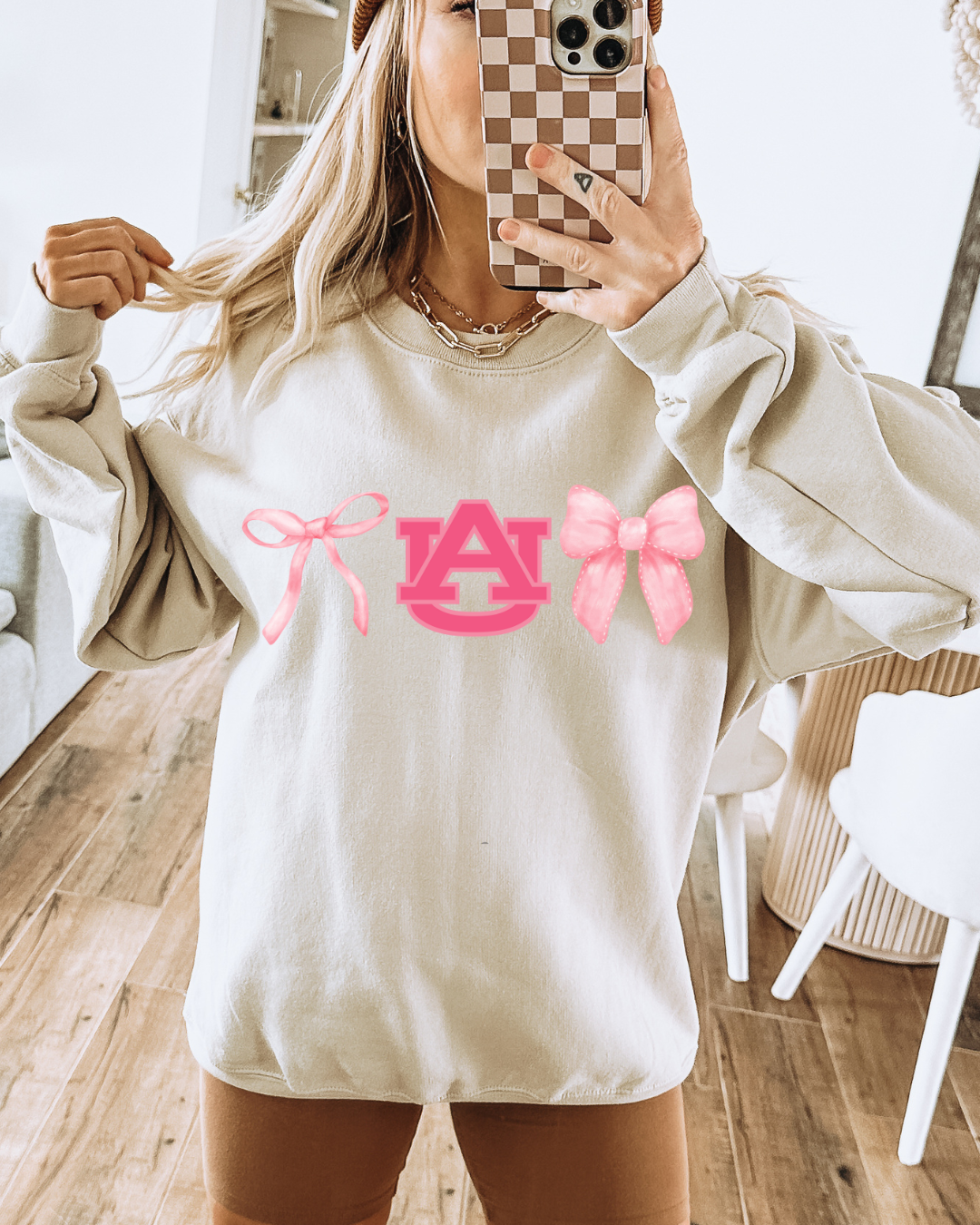 Pink Auburn Bows Adult Graphic Crewneck Pullover