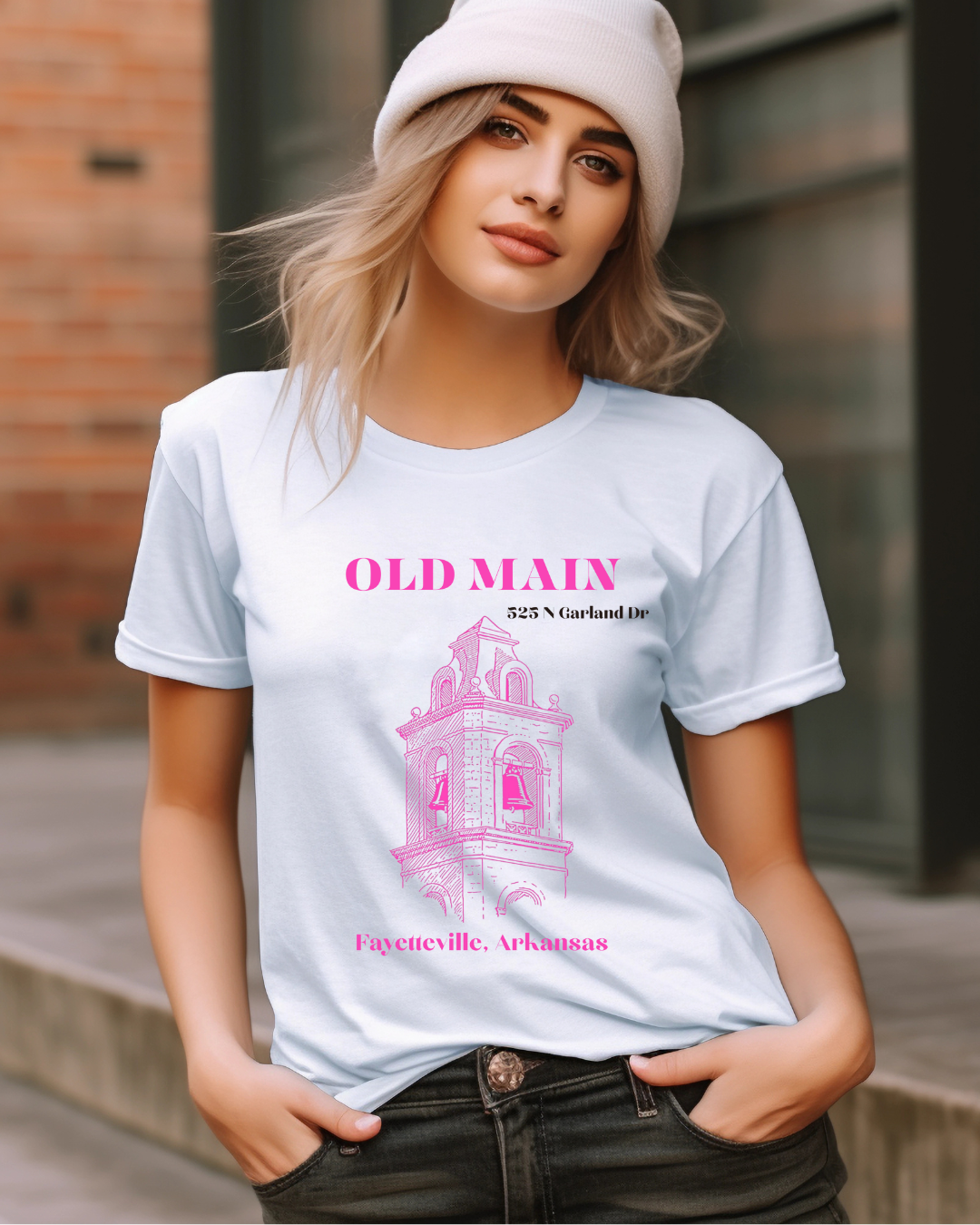 Pink Old Main Arkansas Adult Graphic T-Shirt