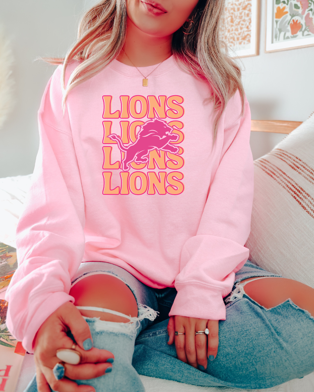 Pink and Orange Detroit Lions Adult Graphic Crewneck Pullover