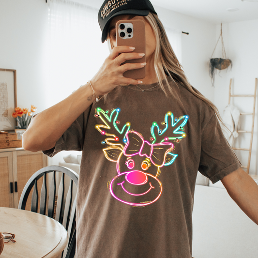 Retro Neon Rudolf Christmas Adult Graphic T-Shirt
