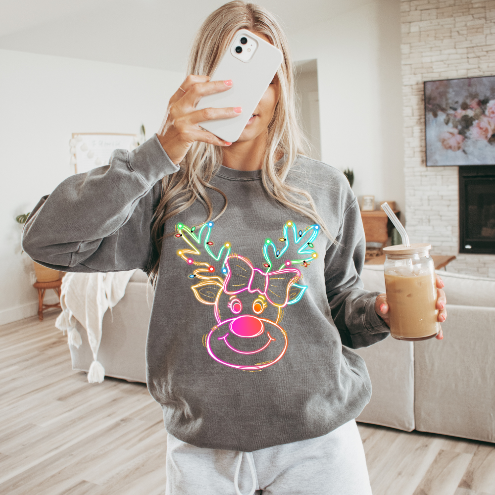 Retro Neon Rudolf Christmas Adult Graphic Crewneck Pullover
