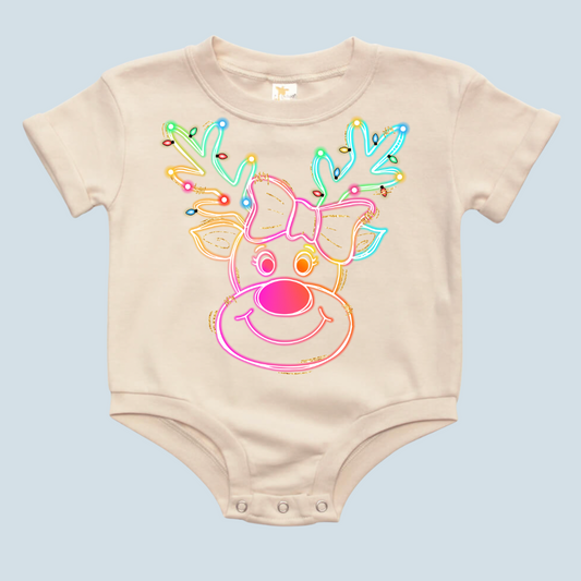 Retro Neon Rudolf Christmas Baby Bubble Romper