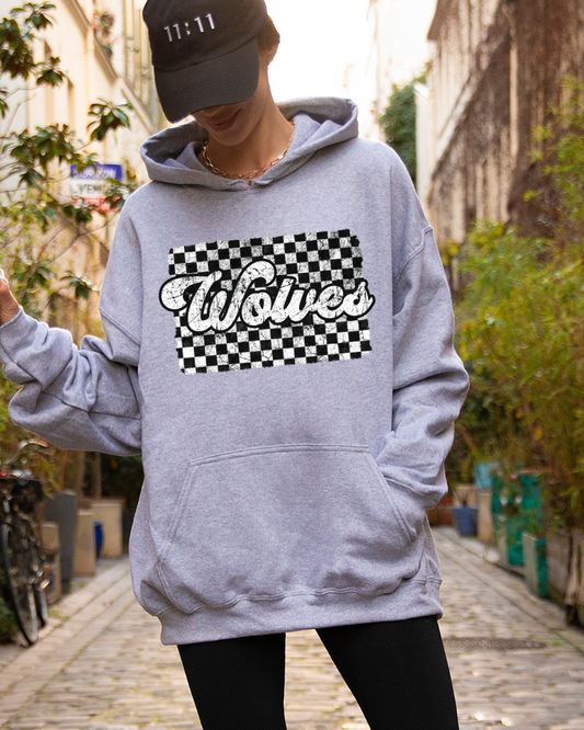 Retro Wolves Checkered Adult Graphic Hoodie