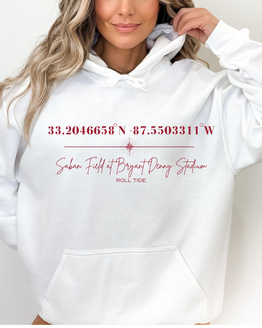 Saban Field at Bryant Denny Stadium Coordinates Alabama Adult Graphic Hoodie