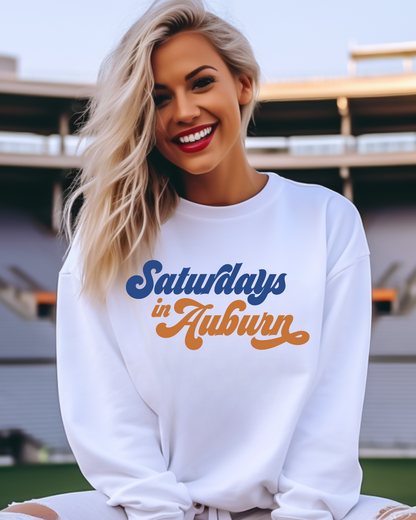 Saturday's In Auburn Bubble Letters Adult Graphic Crewneck Pullover