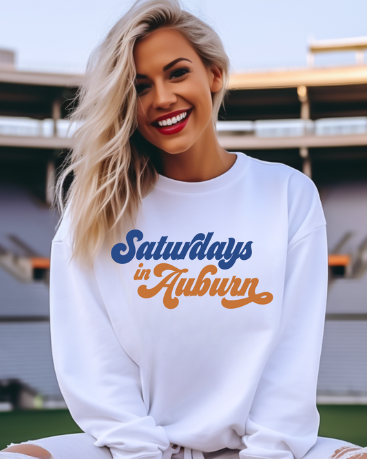 Saturday's In Auburn Bubble Letters Adult Graphic Crewneck Pullover