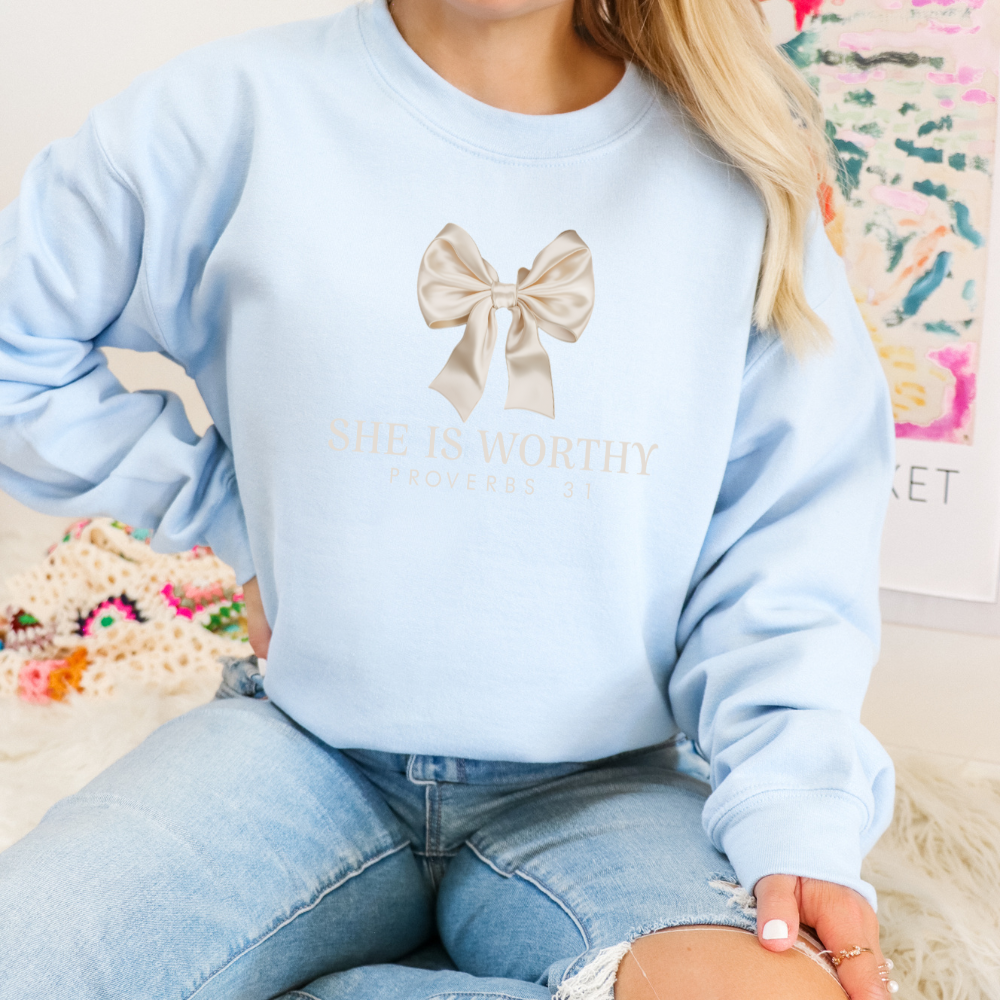 She Is Worthy Coquette Bow Christian Adult Graphic Crewneck Pullover