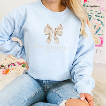 She Is Worthy Coquette Bow Christian Adult Graphic Crewneck Pullover