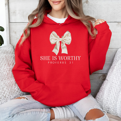 She Is Worthy Coquette Bow Christian Adult Graphic Hoodie