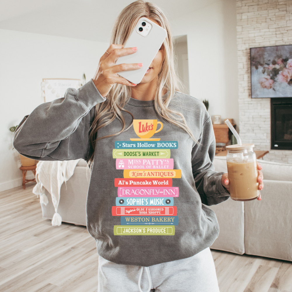 Stars Hollow Book Stack Gilmore Girls Adult Graphic Crewneck Pullover