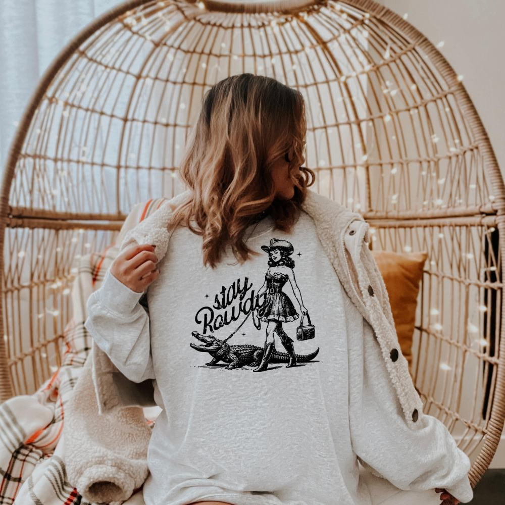 Stay Rowdy Distressed Western Adult Graphic Crewneck Pullover