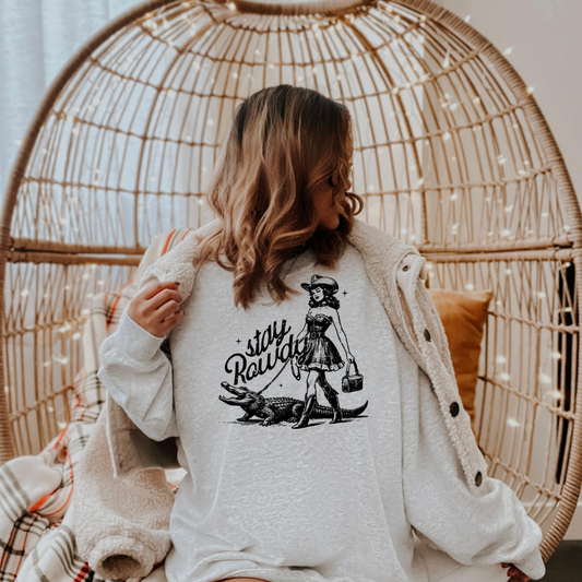 Stay Rowdy Distressed Western Adult Graphic Crewneck Pullover
