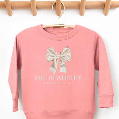 She Is Worthy Coquette Bow Christian Toddler Graphic Sweatshirt