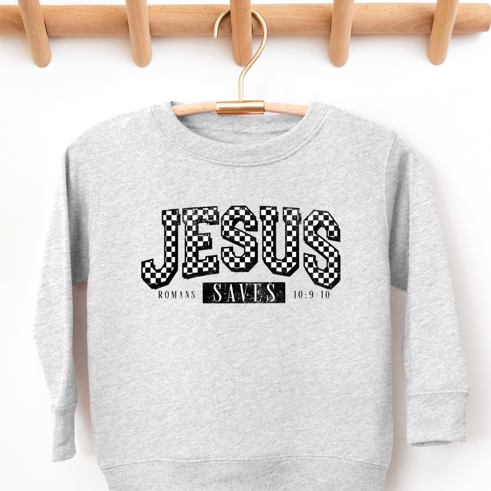 Jesus Saves Checkered Christian Toddler Graphic Sweatshirt