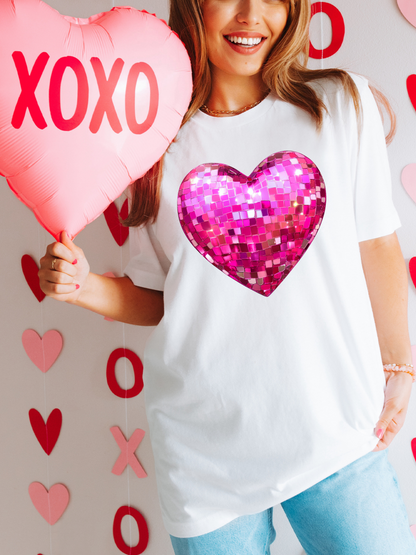 Pink Disco Heart Valentines Adult Graphic Tee