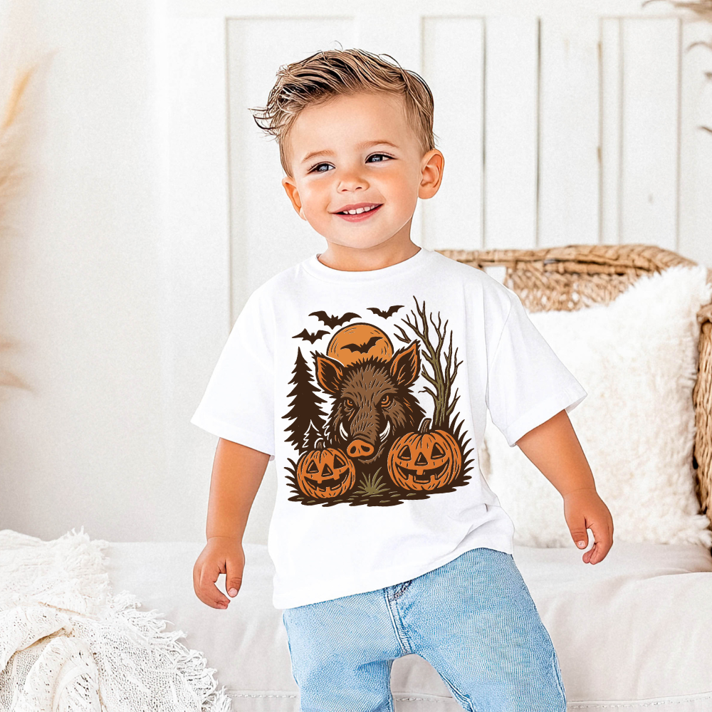 Wild-Boar Halloween Vintage Jack-O-Lantern Toddler Graphic Tee
