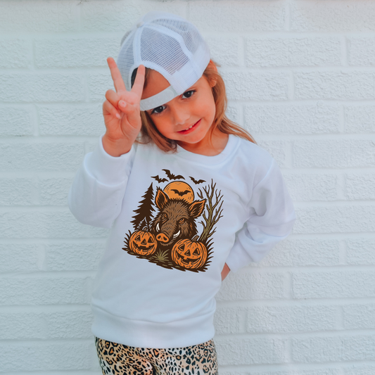 Wild-Boar Halloween Vintage Jack-O-Lantern Youth Graphic Sweatshirt