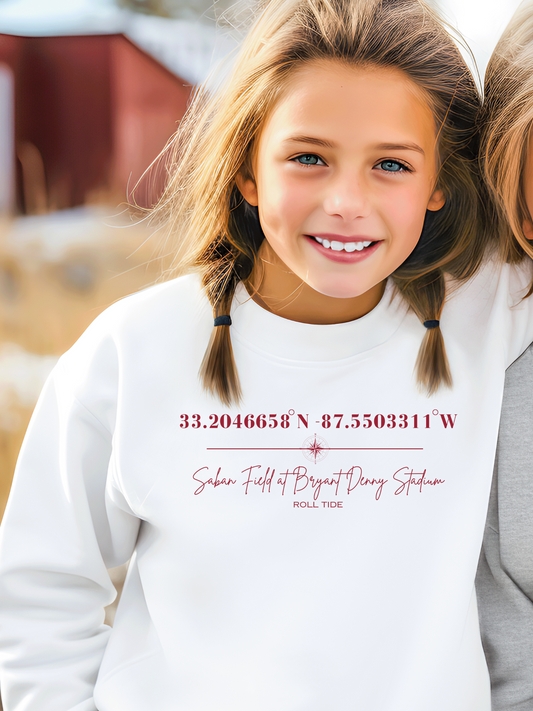 Saban Field at Bryant Denny Stadium Coordinates Alabama Youth Graphic Sweatshirt