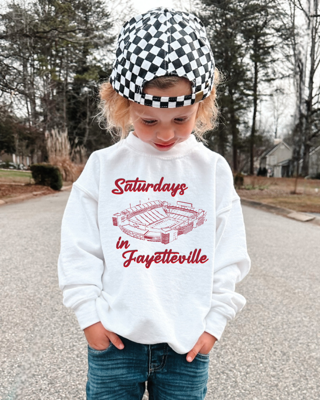 Saturday's In Fayetteville Arkansas Youth Graphic Sweatshirt (RED)