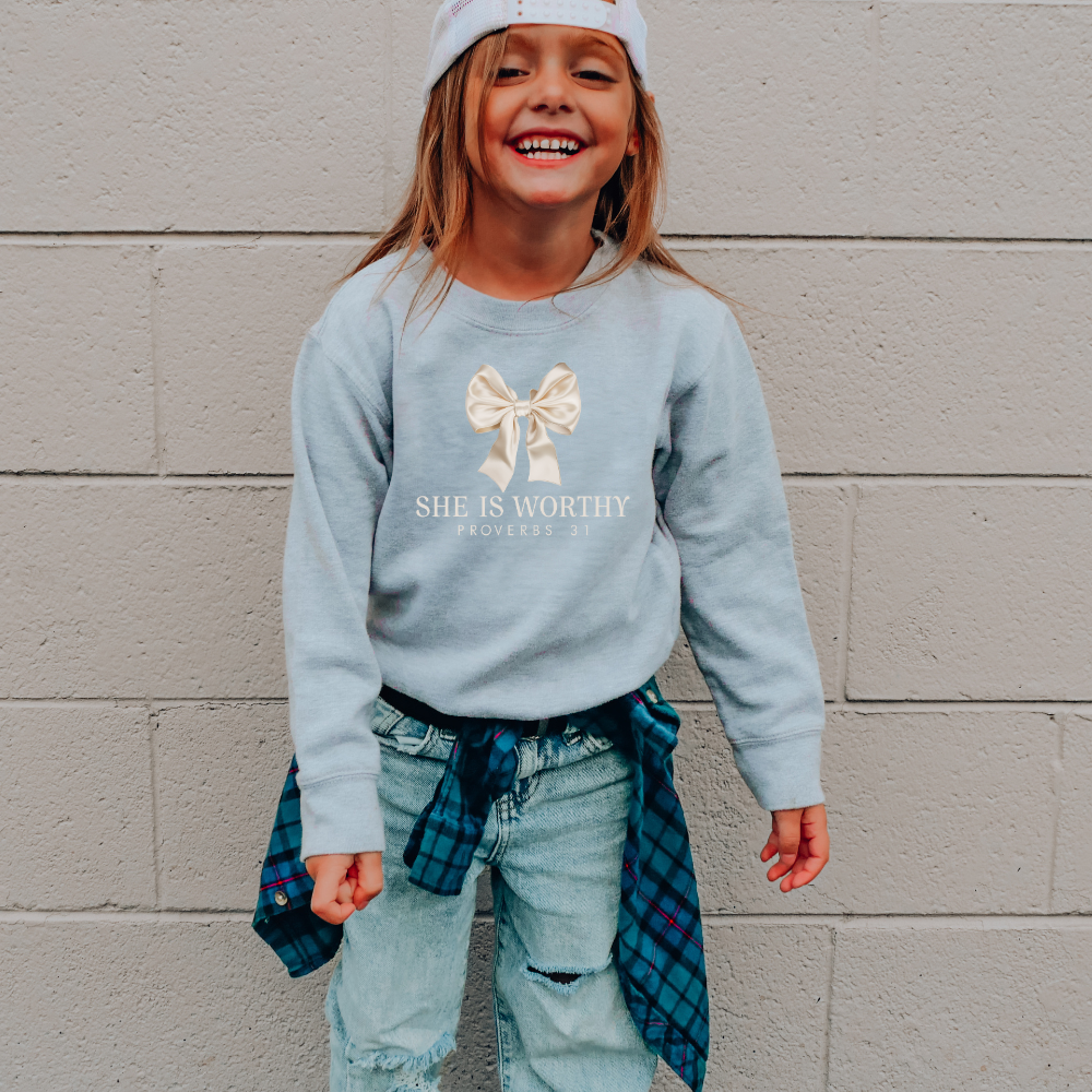 She Is Worthy Coquette Bow Christian Youth Graphic Sweatshirt