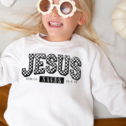 Jesus Saves Checkered Christian Youth Graphic Sweatshirt