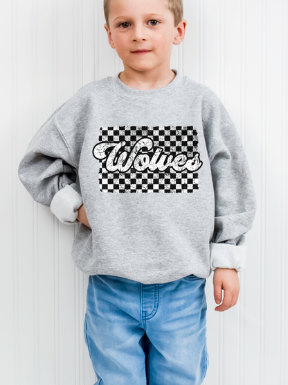 Retro Wolves Checkered Youth Graphic Sweatshirt