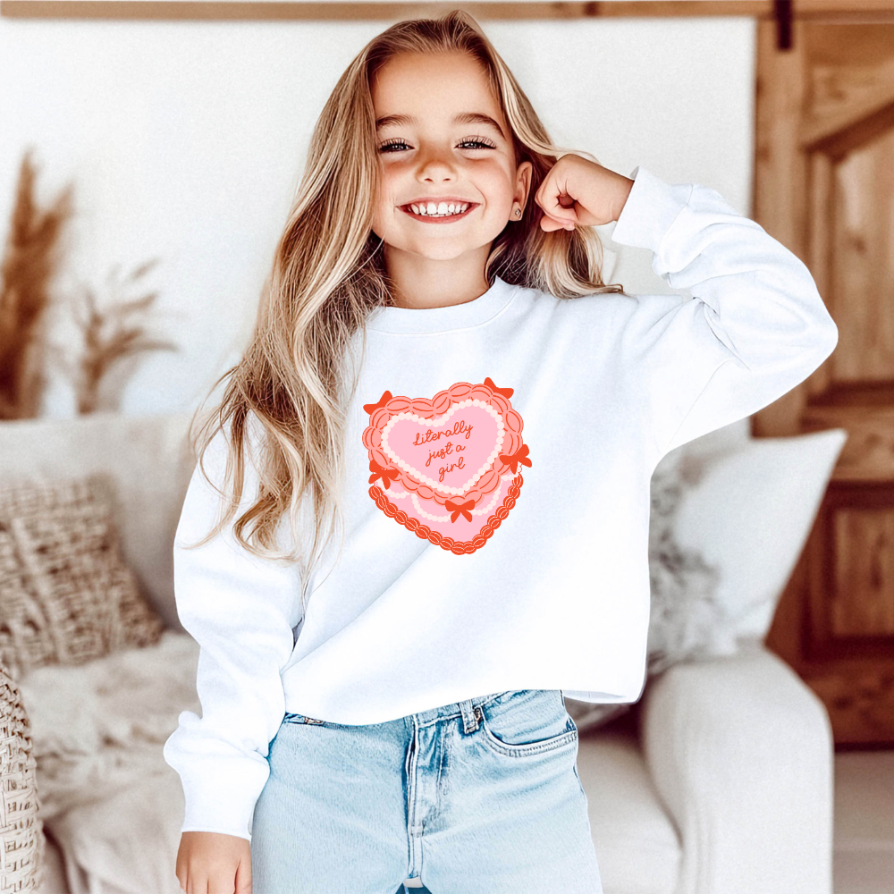 Literally Just A Girl Cake Valentine Youth Graphic Sweatshirt