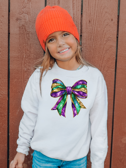 Faux Sparkly Mardi Gras Bow Youth Graphic Sweatshirt