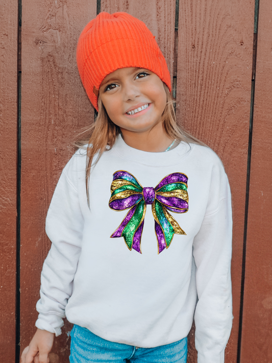 Faux Sparkly Mardi Gras Bow Youth Graphic Sweatshirt