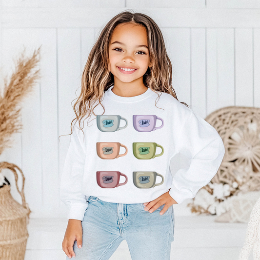 Luke's Colorful Coffee Cups Gilmore Girls Youth Graphic Sweatshirt