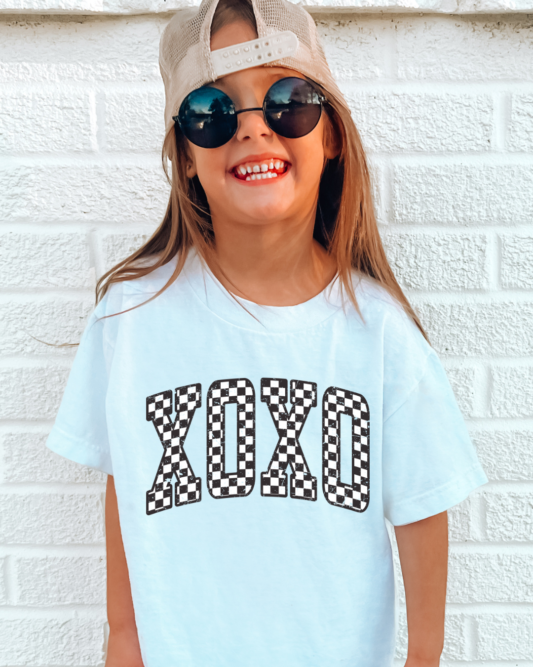 Retro Checkered XOXO Valentines Youth Graphic Tee