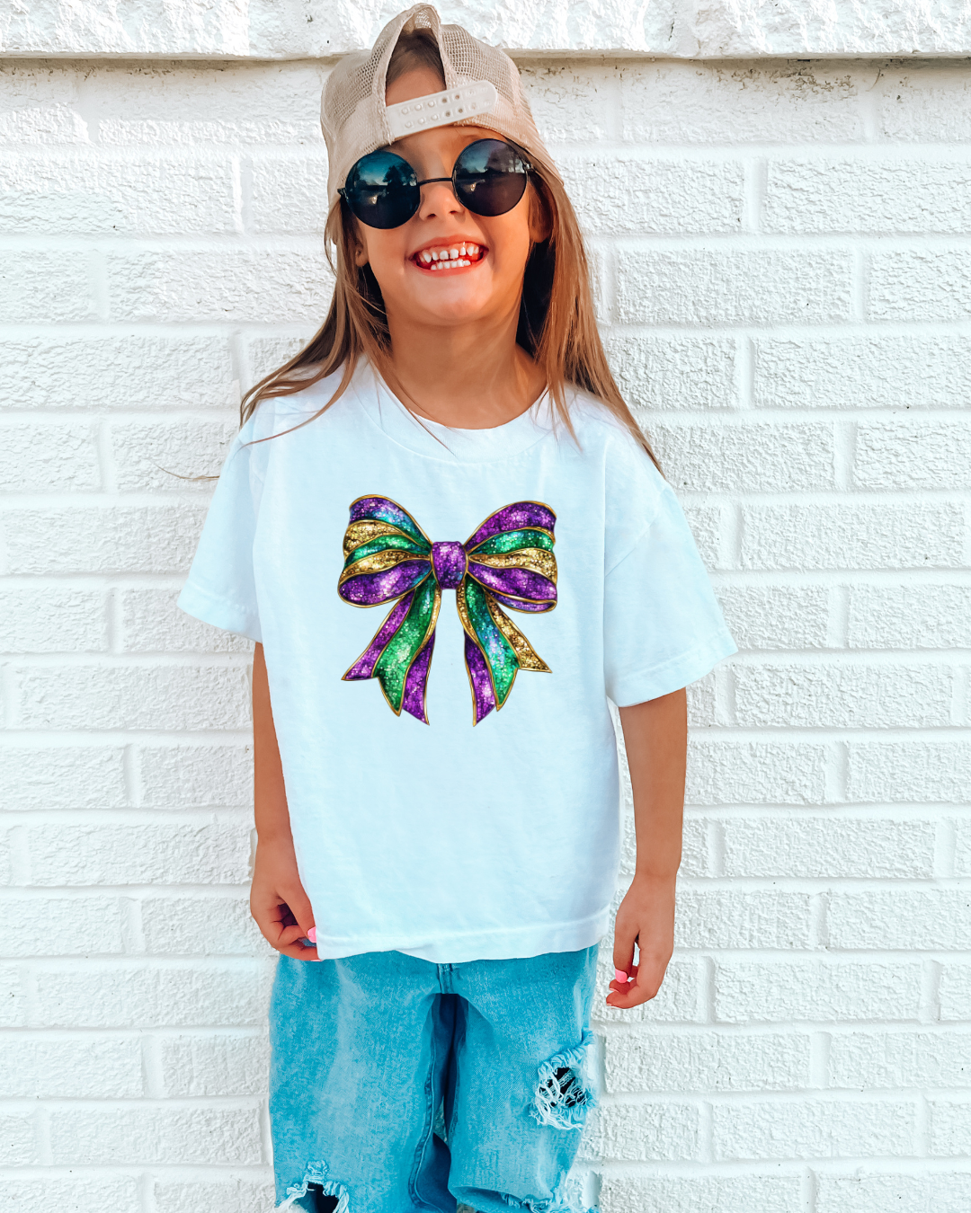 Faux Sparkly Mardi Gras Bow Youth Graphic Tee