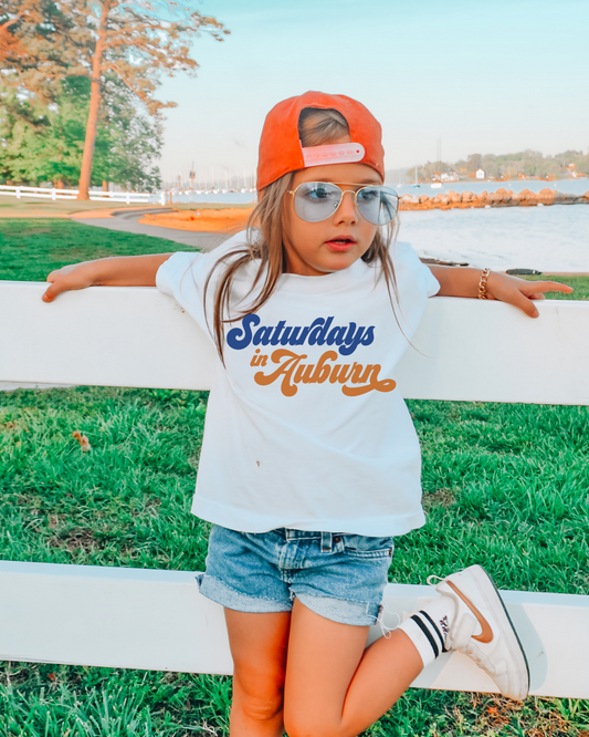 Saturday's In Auburn Bubble Letters Youth Graphic Tee